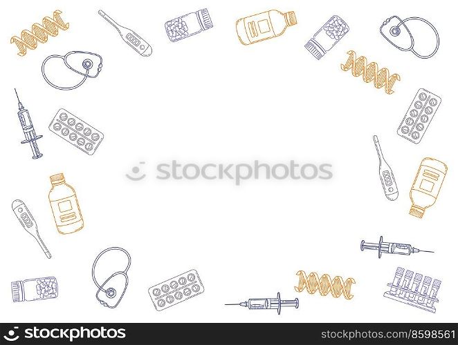 Frame with medical and healthcare items. Equipment and symbols for pharmacies and hospitals.. Frame with medical and healthcare items. Equipment for pharmacies and hospitals.