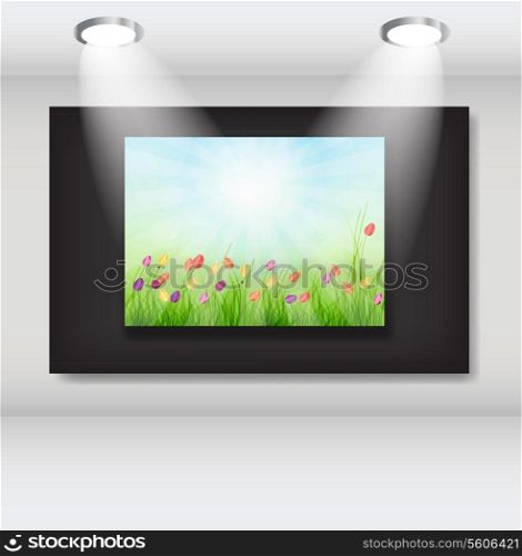Frame with natural floral background in art gallery. vector illustration