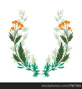 Frame with natural herbs and flowers of the fields. Wreath with wormwood, buttercups and foliage. Branches of plants. Vector template for invitations and banners. Frame with natural herbs and flowers of the fields. Wreath with wormwood, buttercups and foliage. Branches of plants. Vector template