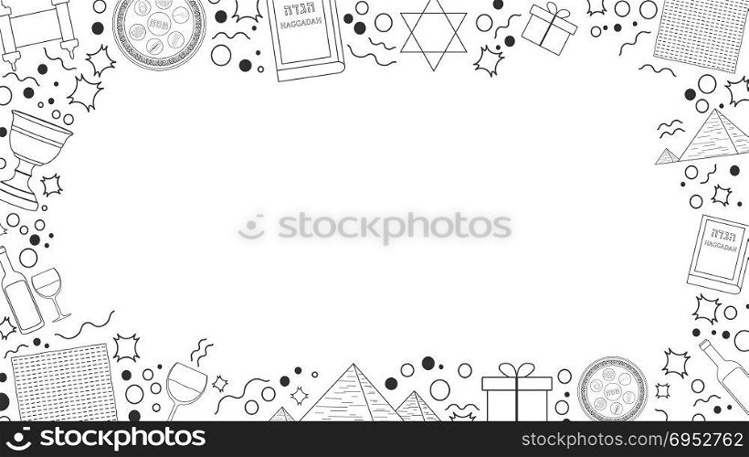 Frame with Passover holiday flat design black thin line icons. Template with space for text, isolated on background.