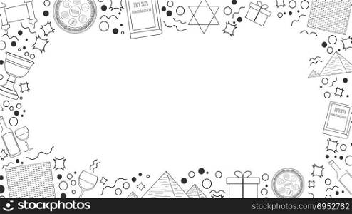 Frame with Passover holiday flat design black thin line icons. Template with space for text, isolated on background.