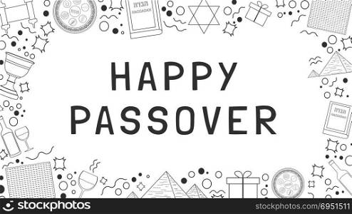 "Frame with Passover holiday flat design black thin line icons with text in english "Happy Passover". Template with space for text, isolated on background."