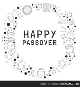 "Frame with Passover holiday flat design black thin line icons with text in english "Happy Passover". Template with space for text, isolated on background."