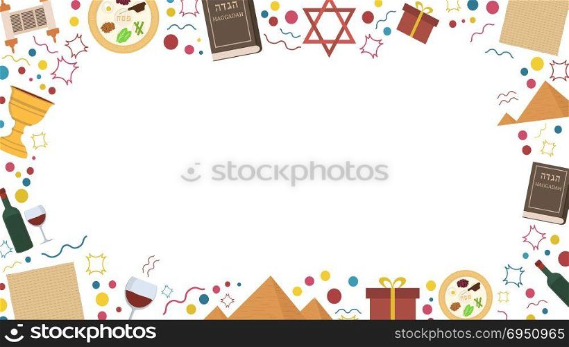 Frame with Passover holiday flat design icons. Template with space for text, isolated on background.