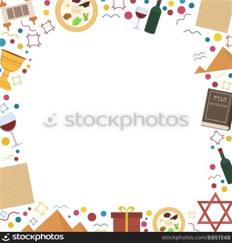 Frame with Passover holiday flat design icons. Template with space for text, isolated on background.