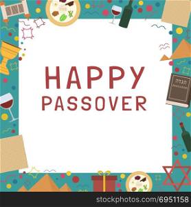 "Frame with Passover holiday flat design icons with text in english "Happy Passover". Template with space for text, isolated on background."