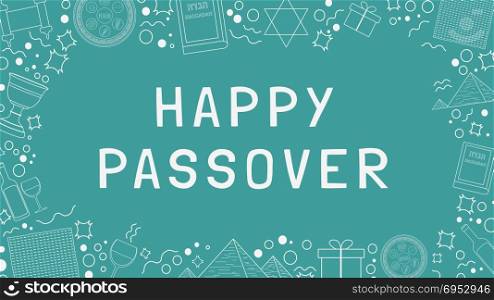 "Frame with Passover holiday flat design white thin line icons with text in english "Happy Passover". Template with space for text, isolated on background."