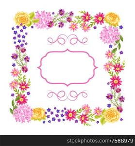 Frame with pretty flowers. Beautiful decorative natural plants, buds and leaves.. Frame with pretty flowers.