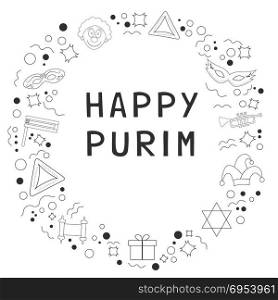 "Frame with purim holiday flat design black thin line icons with text in english "Happy Purim". Template with space for text, isolated on background. Vector eps10 illustration."
