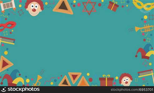Frame with purim holiday flat design icons. Template with space for text, isolated on background. Vector eps10 illustration.