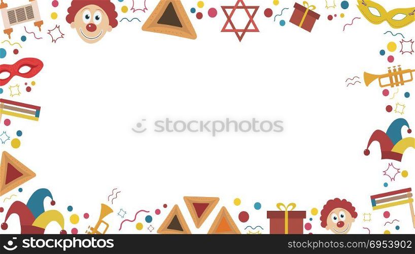Frame with purim holiday flat design icons. Template with space for text, isolated on background. Vector eps10 illustration.