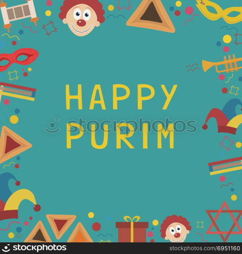 "Frame with purim holiday flat design icons with text in english "Happy Purim". Template with space for text, isolated on background. Vector eps10 illustration."