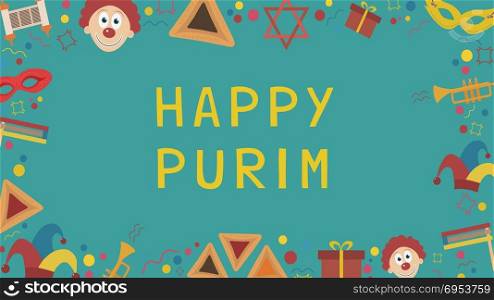 "Frame with purim holiday flat design icons with text in english "Happy Purim". Template with space for text, isolated on background. Vector eps10 illustration."