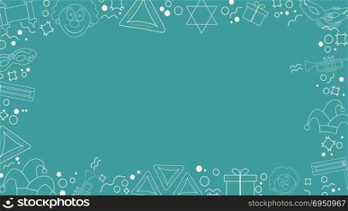 Frame with purim holiday flat design white thin line icons. Template with space for text, isolated on background. Vector eps10 illustration.