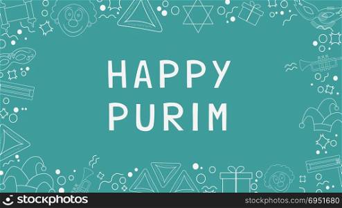 "Frame with purim holiday flat design white thin line icons with text in english "Happy Purim". Template with space for text, isolated on background. Vector eps10 illustration."