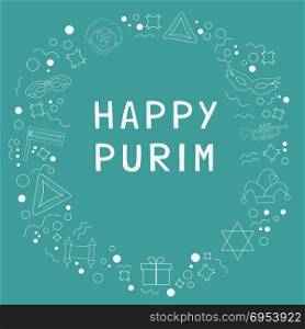 "Frame with purim holiday flat design white thin line icons with text in english "Happy Purim". Template with space for text, isolated on background. Vector eps10 illustration."
