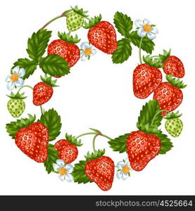 Frame with red strawberries. Decorative berries and leaves. Frame with red strawberries. Decorative berries and leaves.