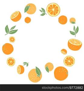Frame with ripe oranges. Decorative stylized fruits and leaves.. Frame with ripe oranges. Decorative fruits and leaves.