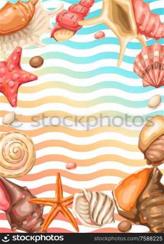Frame with seashells. Tropical underwater mollusk shells decorative illustration.. Frame with seashells. Tropical underwater mollusk shells.