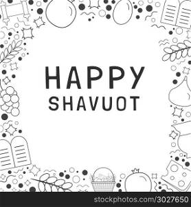"Frame with Shavuot holiday flat design black thin line icons with text in english "Happy Shavuot". Template with space for text, isolated on background.. Frame with Shavuot holiday flat design black thin line icons wit"