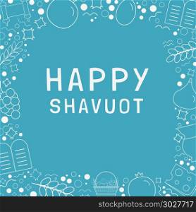"Frame with Shavuot holiday flat design white thin line icons with text in english "Happy Shavuot". Template with space for text, isolated on background.. Frame with Shavuot holiday flat design white thin line icons wit"