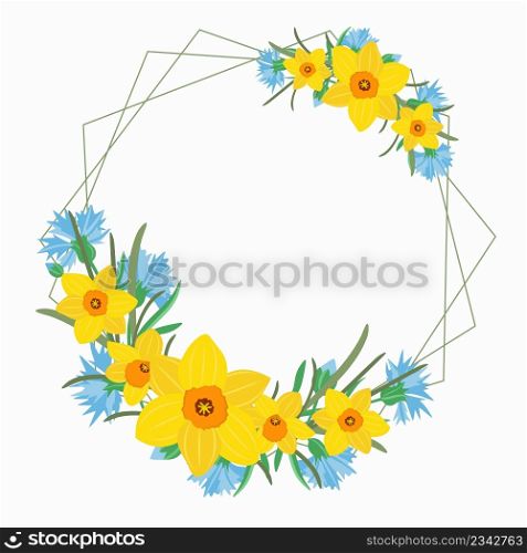 Frame with spring flowers. A circular wreath with yellow daffodils and blue cornflowers. Template for invitations and congratulations. Vector.. Frame with spring flowers. A circular wreath with yellow daffodils and blue cornflowers. Template for invitations and congratulations.Vector.