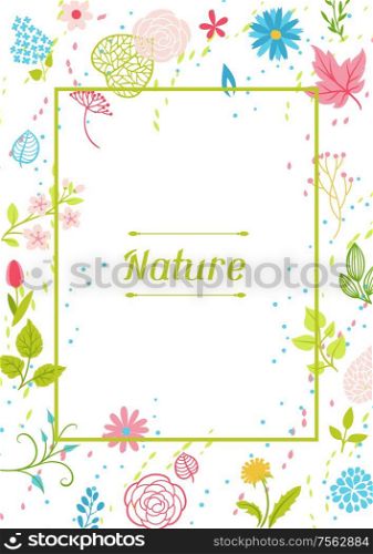 Frame with spring flowers. Beautiful decorative natural plants, buds and leaves.. Frame with spring flowers.