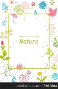 Frame with spring flowers. Beautiful decorative natural plants, buds and leaves.. Frame with spring flowers.