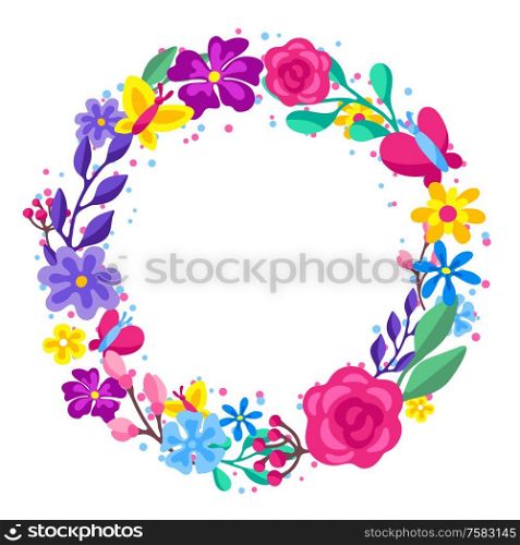 Frame with spring flowers. Beautiful decorative natural plants, buds and leaves.. Frame with spring flowers. Beautiful decorative natural plants.
