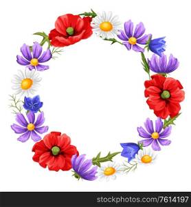 Frame with summer flowers. Beautiful realistic poppies, daisies and bells.. Frame with summer flowers.
