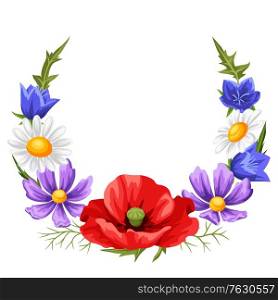 Frame with summer flowers. Beautiful realistic poppies, daisies and bells.. Frame with summer flowers.