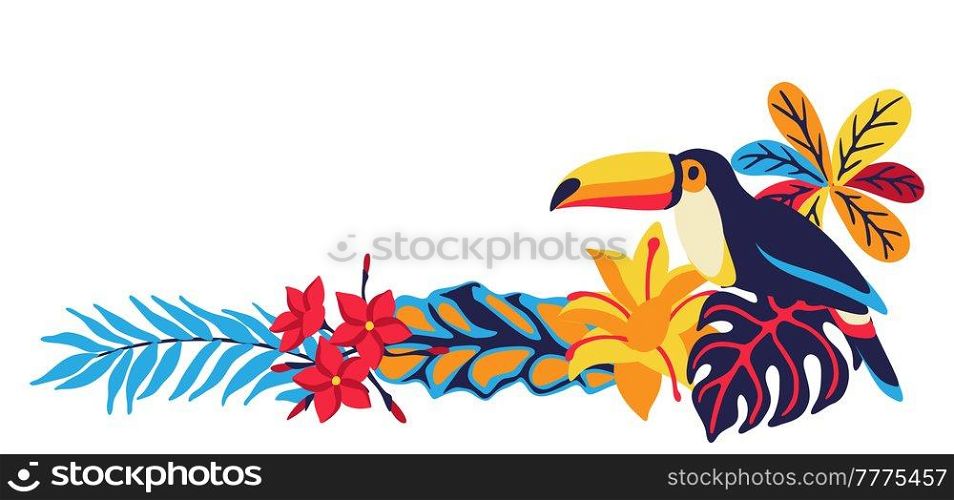 Frame with toucan and tropical plants. Exotic decorative bird, flowers anf leaves. Stylized image for design.. Frame with toucan and tropical plants. Exotic decorative bird, flowers anf leaves.