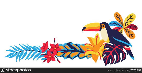 Frame with toucan and tropical plants. Exotic decorative bird, flowers anf leaves. Stylized image for design.. Frame with toucan and tropical plants. Exotic decorative bird, flowers anf leaves.