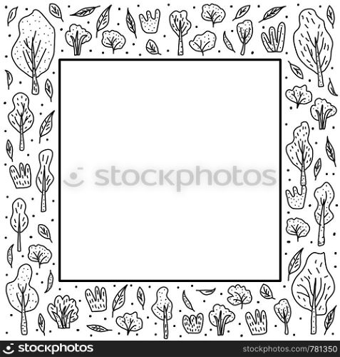 Frame with trees and bushes. Square border for card, banner, social media network. Vector illustration of doodle style elements.