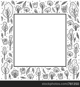 Frame with trees and bushes. Square border for card, banner, social media network. Vector illustration of doodle style elements.