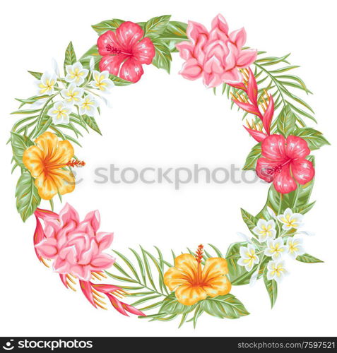Frame with tropical flowers and leaves. Decorative exotic foliage, palms and plants.. Frame with tropical flowers and leaves.