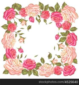Frame with vintage roses. Decorative retro flowers. Image for wedding invitations, romantic cards, booklets.