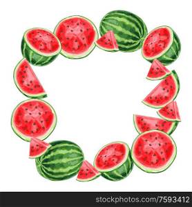 Frame with watermelons and slices. Summer fruit decorative illustration.. Frame with watermelons and slices.