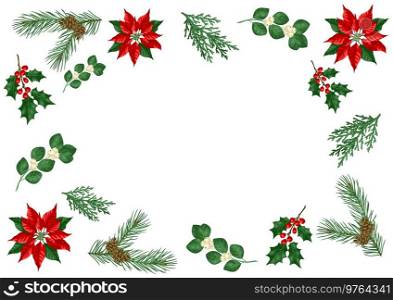 Frame with winter plants. Merry Christmas and Happy New Year decoration. Holiday design.. Frame with winter plants. Merry Christmas and Happy New Year decoration.
