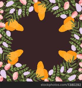 Frame with yellow dandelion, pink flower, lilac bunch, fern leaf. Spring blossom. Greeting floral postcard. Vintage decorative element.. Frame with yellow dandelion, pink flower, lilac bunch, fern leaf.