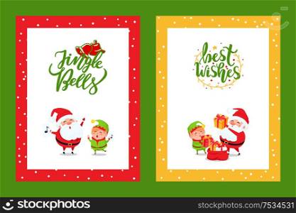 Framed greeting cards with Christmas characters. Vector New Year congratulation postcards with Santa Claus singing songs, Elf putting presents in sack. Greeting Framed Cards with Christmas Characters