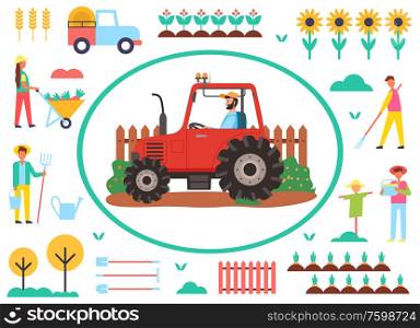 Framed tractor vector, agriculture and husbandry flat style. Sunflowers and scarecrow, working man with tools woman with carriage harvesting season. Farming Agricultural Machinery Tractor in Frame