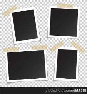 Frames of photo with shadow pin on sticky tape. Realistic empty square black and white photo snapshot isolated on transparent background. Vector frame of picture for your design