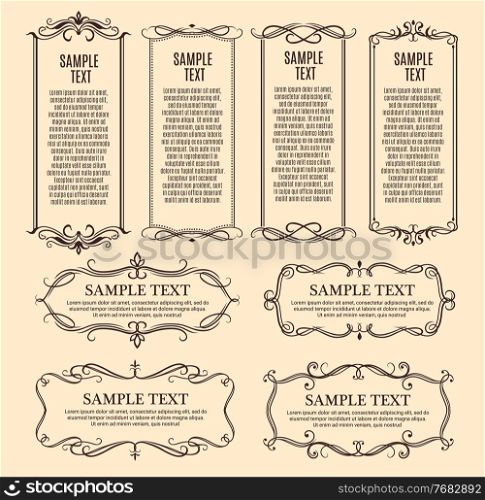 Frames, ornate borders with vintage ornaments and floral decorations, vector. Retro flourish swirls, ornate borders and corners for certificate or menu text, scroll frames and calligraphic dividers. Ornate flourish frames, vintage ornament borders