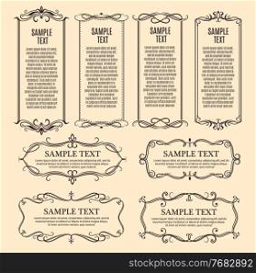 Frames, ornate borders with vintage ornaments and floral decorations, vector. Retro flourish swirls, ornate borders and corners for certificate or menu text, scroll frames and calligraphic dividers. Ornate flourish frames, vintage ornament borders