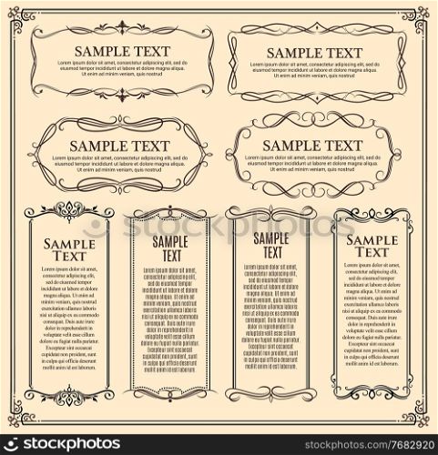 Frames, ornate vintage ornament borders, vector floral decoration and retro flourish swirls. Ornate borders and corners for certificate or menu and scroll frames for text, calligraphic dividers. Ornate frames, vintage floral ornament borders