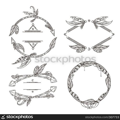 Frames set of feathers arrows and other decorative elements in boho style. Frame vintage feather ethnic tribal, bohemian sketch tattoo monochrome. Vector illustration. Frames set of feathers arrows and other decorative elements in boho style. Vector illustrations
