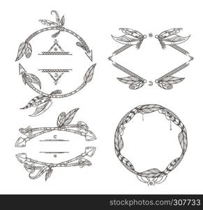 Frames set of feathers arrows and other decorative elements in boho style. Frame vintage feather ethnic tribal, bohemian sketch tattoo monochrome. Vector illustration. Frames set of feathers arrows and other decorative elements in boho style. Vector illustrations