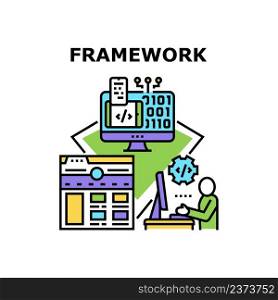 Framework Coding Vector Icon Concept. Framework Coding Programmer On Computer, Developing Software And Application Or Web Site. It Worker Writing Code On Pc Screen Color Illustration. Framework Coding Vector Concept Color Illustration