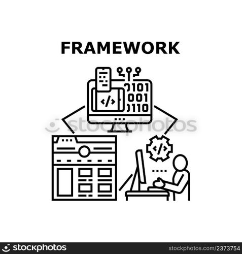 Framework Coding Vector Icon Concept. Framework Coding Programmer On Computer, Developing Software And Application Or Web Site. It Worker Writing Code On Pc Screen Black Illustration. Framework Coding Vector Concept Black Illustration